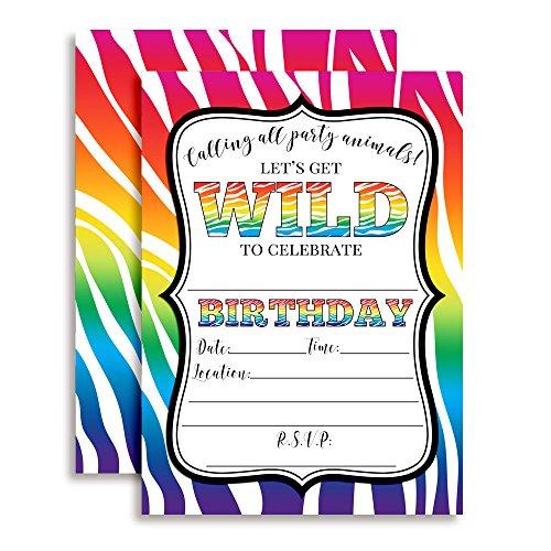 Rainbow Zebra Print Wild Birthday Party Invitations, Ten 5"x7" Fill In Cards with 10 White Envelopes by AmandaCreation Perfect for Teen and Tween Birthdays, Even Adults!