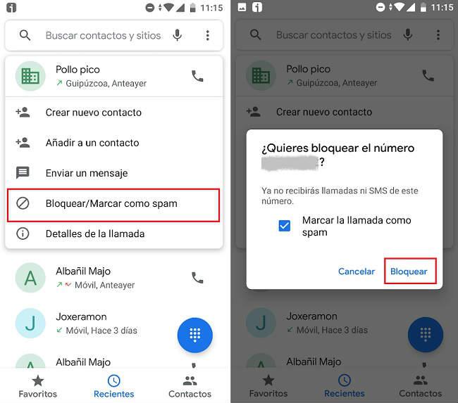 como bloquear un numero desde el listado de llamadas recibidas