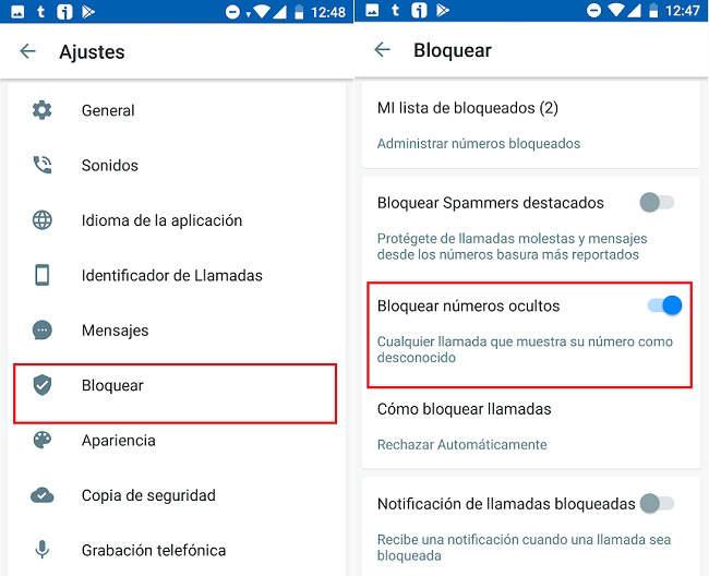 bloquear llamadas entrantes de numeros anonimos en Android