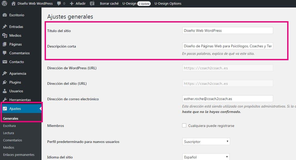 Añade el Titulo y descripción blog WordPress