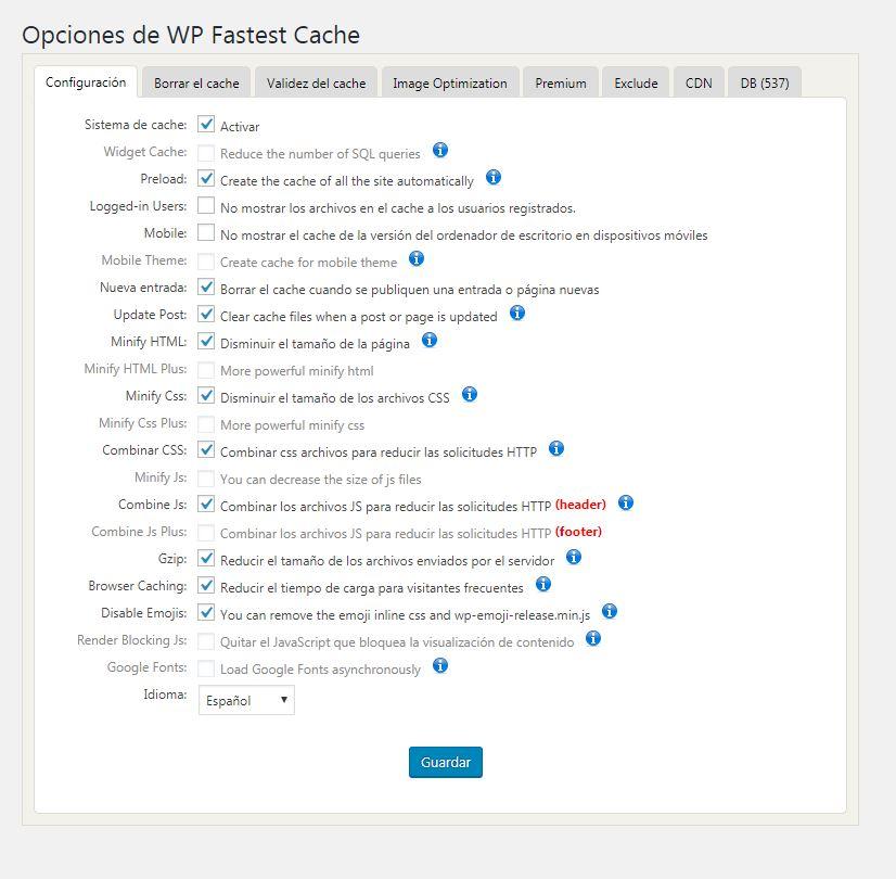 Configuración básica de WP Fastest Cache