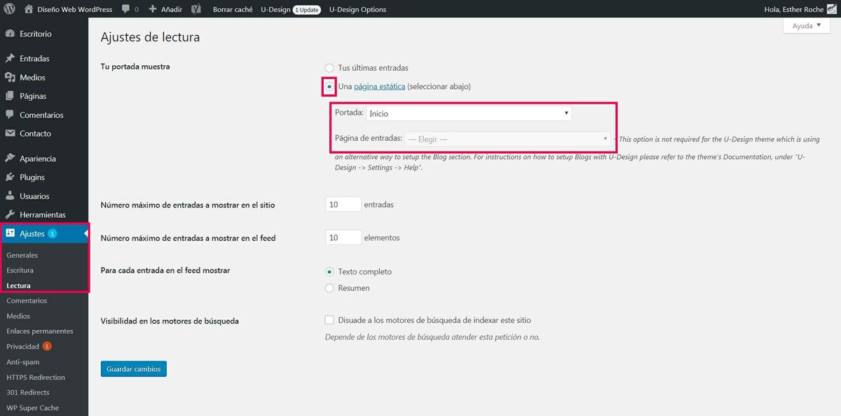 Ajustar páginas de inicio y blog en WordPress
