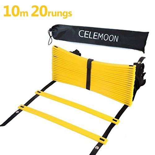 CELEMOON Escalera actualizada de material para agilidad, velocidad, formación + funda de transporte color negro, con conexión de encaje, ideal para el fútbol, fútbol americano, el entrenamiento..., 10m-20rungs