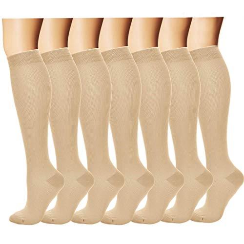 7 Pairs Compression Socks For Women and Men - Best Medical, Nursing, for Running, Athletic, Edema, Diabetic, Varicose Veins, Travel, Pregnancy & Maternity - 15-20mmHg, Small / Medium, Nude