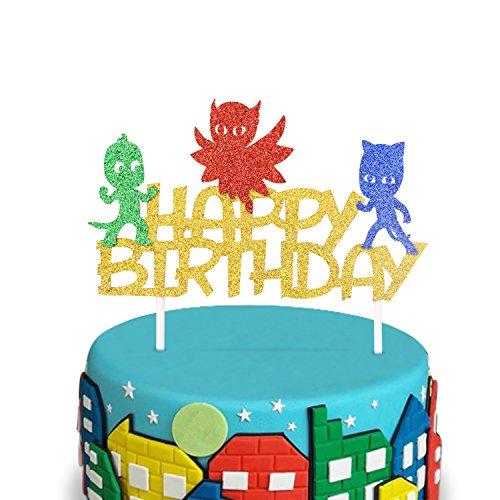 PJ Glitter Masks Inspired Happy Birthday Cake Topper Kids Party Supplies Double Sided Gold Decorations