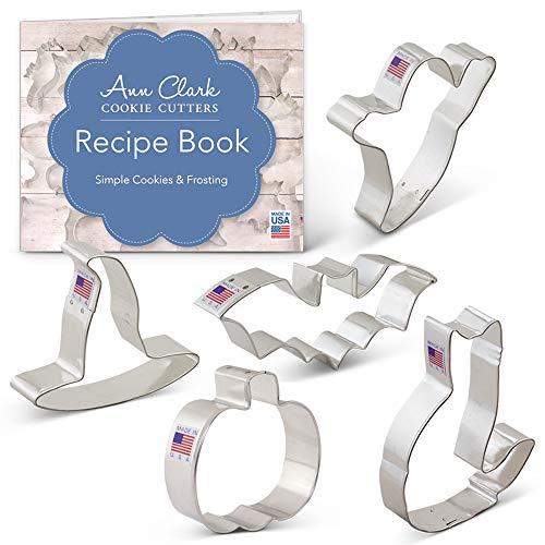 Halloween Trick or Treat Cookie Cutter Set with Recipe Book - 5 Piece - Pumpkin, Bat, Ghost, Witch Hat and Cat - Ann Clark - USA Made Steel