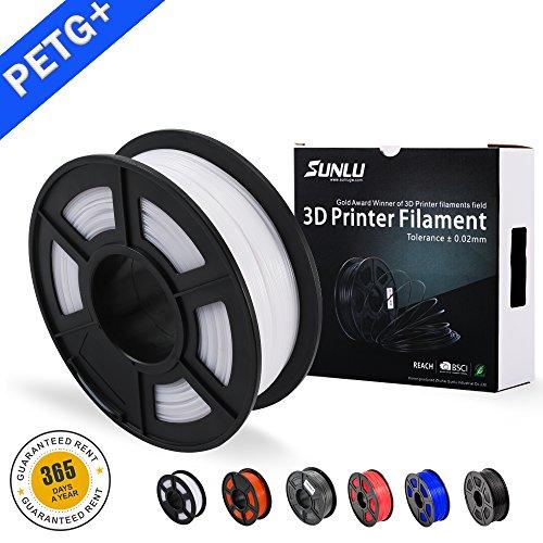 SUNLU PETG Filamento 3D 1.75mm 1KG (2.2lb), Filamento de impresora PETG 3D, Precisión dimensional +/- 0.02 mm, 1 kg Carrete, 1.75 mm, PETG blanco