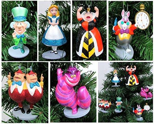 Alice in Wonderland 6 Piece Christmas Tree Ornament Set Featuring Alice, White Rabbit, Cheshire Cat, Queen of Hearts, Mad Hatter, and Tweedle Dum & Tweedle Dee - Shatterproof Design 3" to 4" Tall