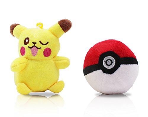 Finex Set of 2 Pikachu Pokemon Yellow Plush Male Pikachu ball Pokeball Beaded Chain Keychain Hanging Ornaments