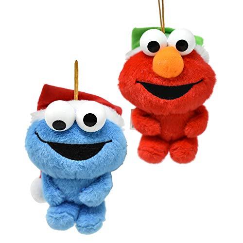Hanging Plush Elmo and Cookie Monster with Santa Hat Holiday Ornament, 5-Inch, 2-Piece