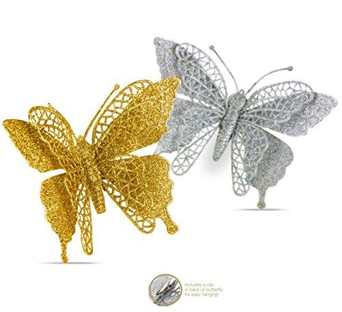R N D Toys Butterfly Ornaments, Shatterproof Christmas Tree Ornaments Gold and Silver, Butterfly Decoration Clips for Home, Party, Wedding, Or Holiday Décor (Gold & Silver)