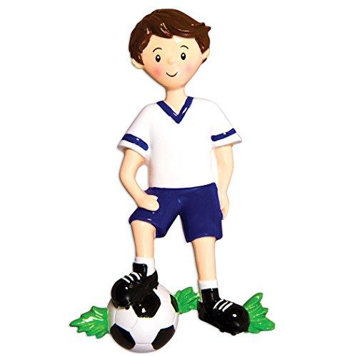 Personalized Soccer Player Christmas Ornament for Tree 2018 - Boy in Uniform Dribbling Foot-Ball - Score Athlete Coach Hobby College FIFA Grand-Son Profession Brunette - Free Customization by Elves