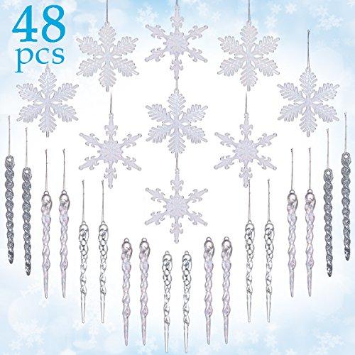 LimBridge 48 Pack Chrismtas Tree Hanging Crystal Clear Snowflakes Glitter Silver Icicles Shatterproof Ornament Decoration Set