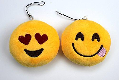 Syleia Emoji Set of 2 Smiling Face Heart-Shaped Eyes and Face With Stuck-Out Tongue Yellow Bright Plush Toy, Backpack Purse Accessory, Party Favor, Keychain