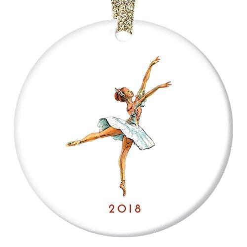 Vintage Nutcracker Ballerina Ornament 2018, Sugarplum Fairy Ballet Porcelain Ornament, 3" Flat Circle Christmas Ornament with Glossy Glaze, Gold Ribbon & Free Gift Box | OR00029 Emma