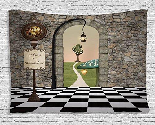 Ambesonne Alice in Wonderland Decor Tapestry, Welcome Wonderland Black and White Floor Tree Landscape Mushroom Lantern, Wall Hanging for Bedroom Living Room Dorm, 80 W X 60 L inches, Multi Color