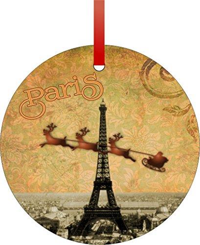 Vintage Santa and Sleigh Riding Over Big Eiffel Tower-Paris-TM Flat Round-Shaped Aluminum Christmas Ornament with a Red Satin Ribbon/Holiday Hanging Tree Ornament/Double-Sided Decoration/Great Unisex Holiday Gift!-Made in the USA!