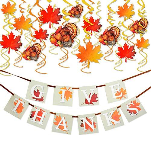 36PCS Thanksgiving Decorations with"GIVE THANKS" Banner and Turkey Maple Leaves Great Thanksgiving Party Supplies