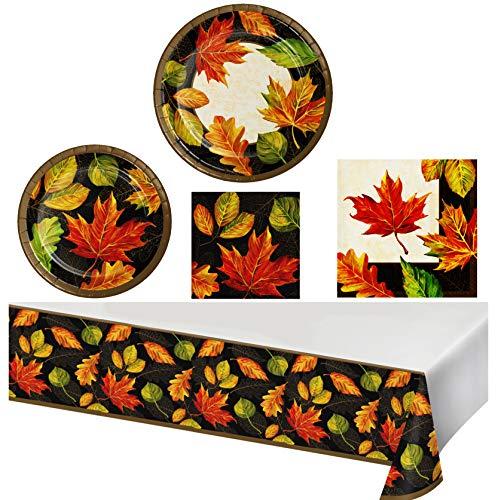 Thanksgiving Autumn Fall Leaves Holiday Harvest Party Supply Kit Tableware Set/Disposable Dinner Luncheon and Cake Dessert Paper Plates, Napkins, Tablecloth for 16 Guests/Black, Gold, Red/Checklist