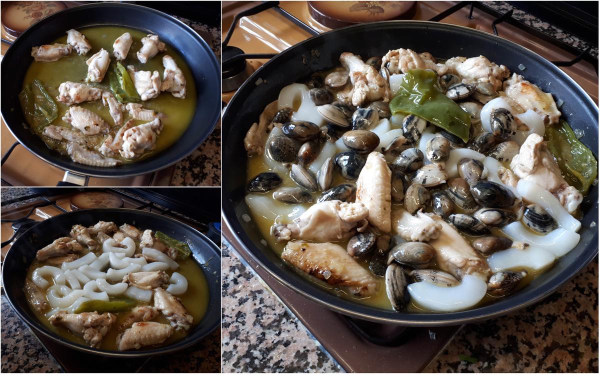 añadiendo ingredientes a la paellera