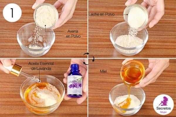Combine la avena en polvo y la leche en polvo con miel y aceite de lavanda para hacer una mascarilla para la piel seca