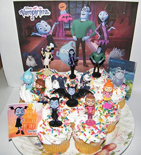 Disney Vampirina Deluxe Cake Toppers Cupcake Decorations Set of 14 with 12 Figures and 2 Fun Stickers Featuring Family, Friends, Wolfie, Demi the Ghost and More!