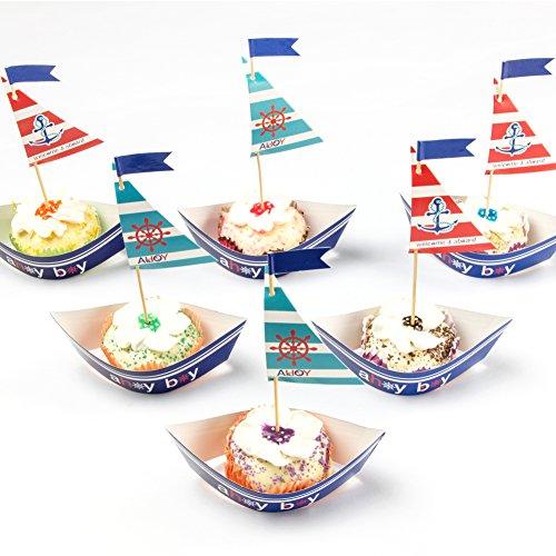 Sailboat Cupcake Toppers Cake Wrappers Nautical Birthday Party Decoration 1st Ahoy Boy Birthday Table centerpiece 20 Pcs SUNBEAUTY