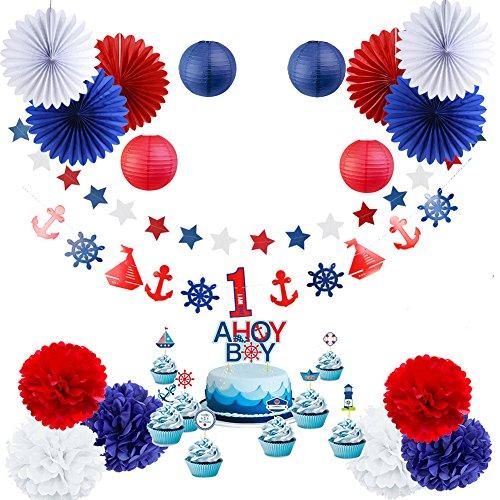 Nautical Party Baby Shower Decoration Kit AHOY BOY 1st Birthday Party Supplies 19 Pieces SUNBEAUTY Red White Blue Color