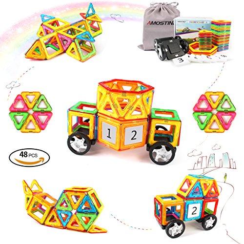 AMOSTING Educational Toys for Toddlers with Car Wheels Magnetic Tiles Building Block