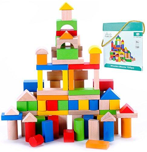 Cubbie Lee Premium Wooden Building Blocks Set - 100 pc for Toddlers Preschool Age - Classic Hardwood Plain & Colored Small Wood Block Pieces for Boys & Girls - Classic Build & Play Toy
