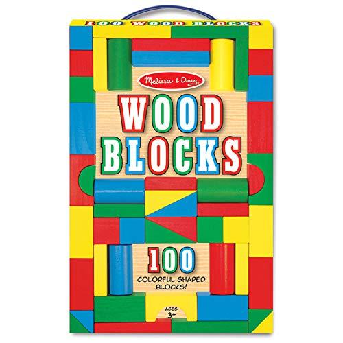 Melissa & Doug Wooden Building Blocks Set - 100 Blocks in 4 Colors and 9 Shapes
