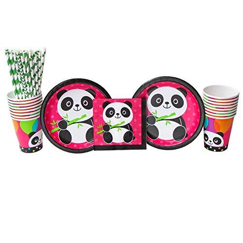 Panda-Monium Party Supplies Pack for 16 Guests Includes: Straws, Dessert Plates, Beverage Napkins, and Cups (Bundle for 16)