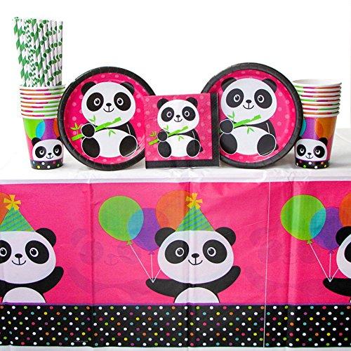 Panda-Monium Party Supplies Pack for 16 Guests Includes: Straws, Dessert Plates, Beverage Napkins, Cups, and Tablecover (Bundle for 16)