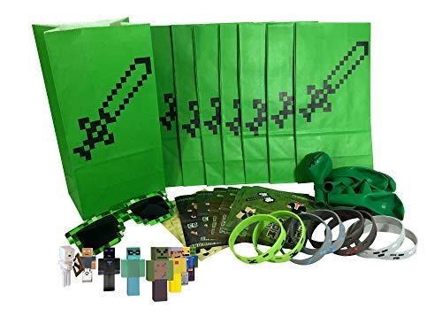 Pixel Party Toys Miner-Themed Party Favor Bags (8-Pack) - Birthday Party Supplies Kit Includes Goody Bags, Stickers, Wristbands, Mini Character Toys, Balloons and One Bonus Pair of Sunglasses