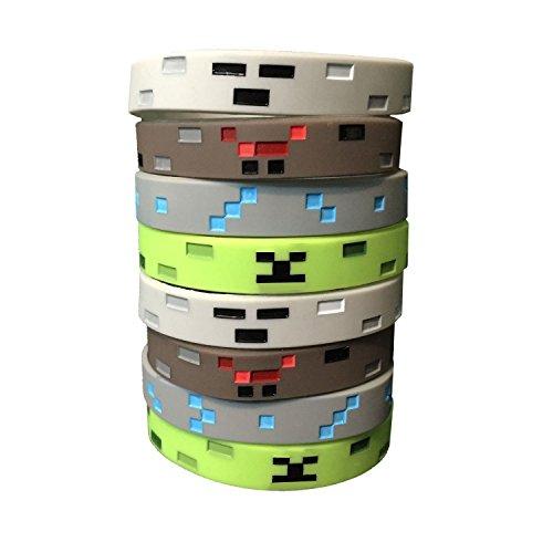 Pixel Mine Crafter Style Character Wristbands (8 Pack)- Pixel Style Video Game Designs - Spider, Creeper, Skeleton, Diamond - 2 of Each Style
