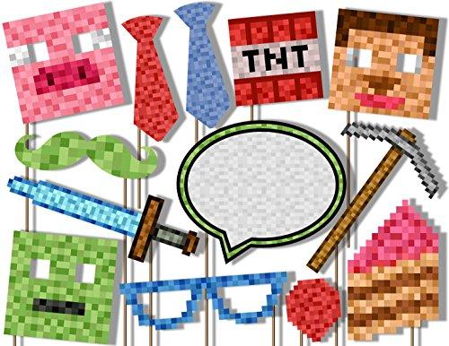 Birthday Galore Mining- Pixel World Photo Booth Props Kit - 20 Pack Party Camera Props Fully Assembled