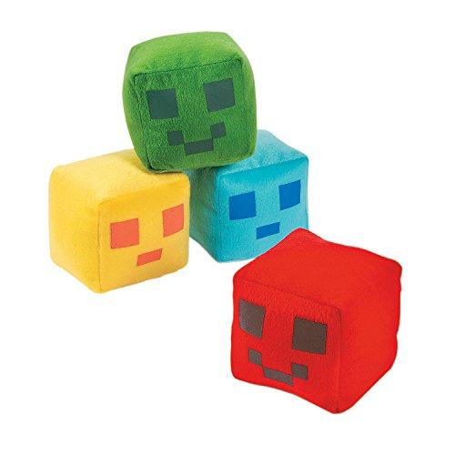 Fun Express Large Plush Pixel Pals Stuffed Square Balls (12 Pack) Yellow, Blue, Green, Red 4" x 4"