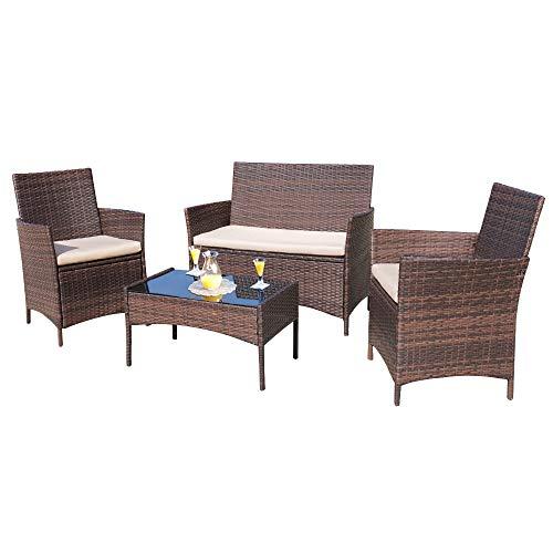 Homall 4 Pieces Outdoor Patio Furniture Sets Rattan Chair Wicker Set,Outdoor/Indoor Use Backyard Porch Garden Poolside Balcony Furniture (Brown)