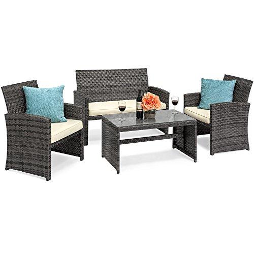 Best Choice Products 4-Piece Wicker Patio Furniture Set w/Tempered Glass, 3 Sofas, Table, Cushioned Seats - Gray