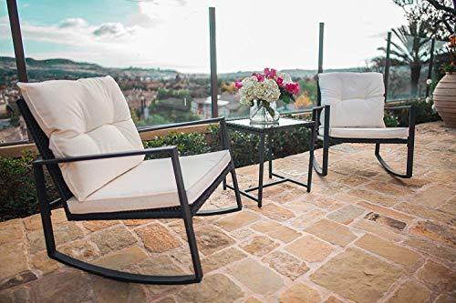 SUNCROWN Outdoor 3-Piece Rocking Bistro Set: Black Wicker Furniture-Two Chairs with Glass Coffee Table (Beige-White Cushion)