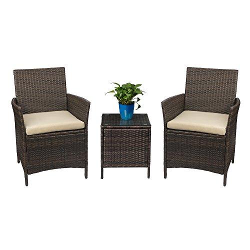Devoko Patio Porch Furniture Set 3 Piece PE Rattan Wicker Chairs Beige Cushion with Table Outdoor Garden Furniture Sets (Brown)