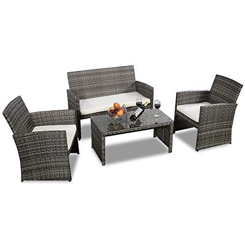 Goplus 4 PC Rattan Patio Furniture Set Garden Lawn Pool Backyard Outdoor Sofa Wicker Conversation Set with Weather Resistant Cushions and Tempered Glass Tabletop (Mix Gray)
