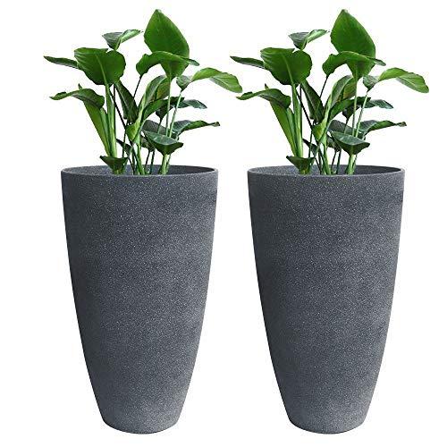 Tall Planters Set 2 Flower Pots, 20" Each, Patio Deck Indoor Outdoor Garden Resin Planters, Gray