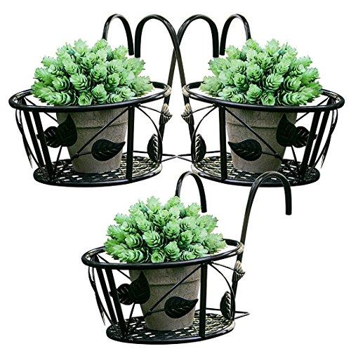 Tosnail Iron Art Hanging Baskets Flower Pot Holder - Great for Patio Balcony Porch or Fence - Pack of 3 (Black)
