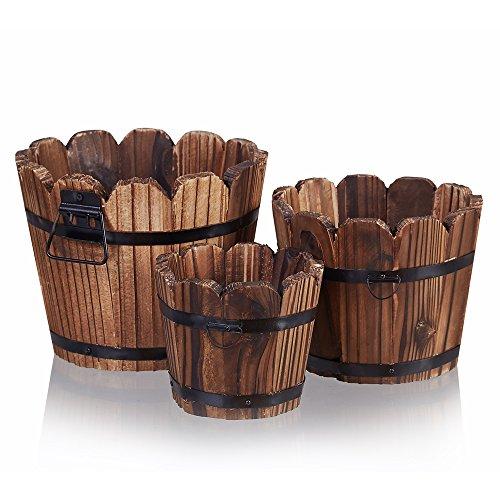 Wooden Barrel Planter, Rustic Flower Plant Pots Planters Boxes Indoor Outdoor Kitchen Home Garden Patio Décor for Succulent Cactus Herb Orchid or Small Plants, Set of 3
