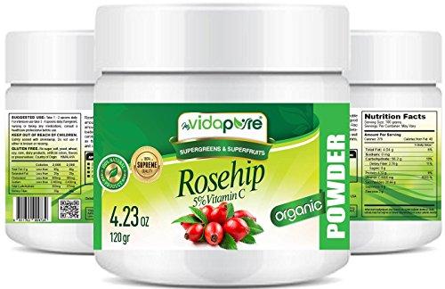 Organic Rosehip Powder RAW Vitamin C 5% Rosa Rugosa. 100% Pure. SUPERFOOD Dietary Supplement for Health Baking Cooking Skin Care Hair Care Anti Aging. 4.23 Ounces 120 Gram by myVidaPure