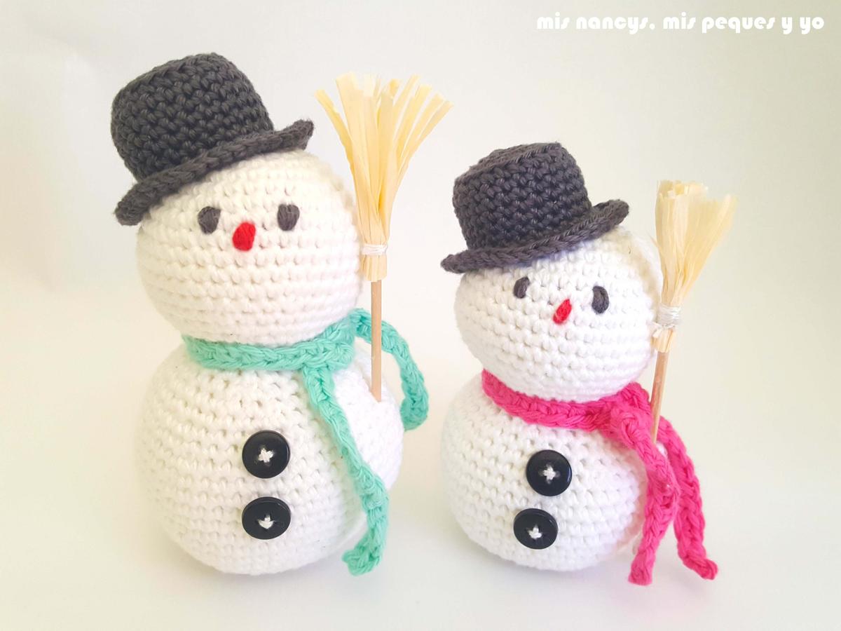 mis nancys, mis peques y yo, muñecos de nieve amigurumi, muñecos de nieve con bufanda fucsia y verde