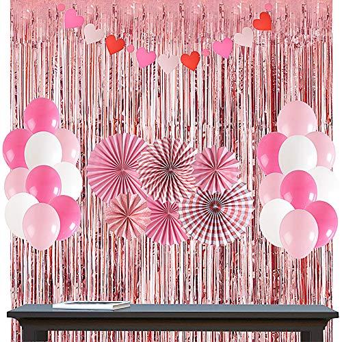 Party Decorations - Paper fans, Rose Gold Metallic Fringe Shiny Curtain, Balloons, Heart Banner Party Supplies for Valentines Day Anniversary Wedding Birthday Celebrations