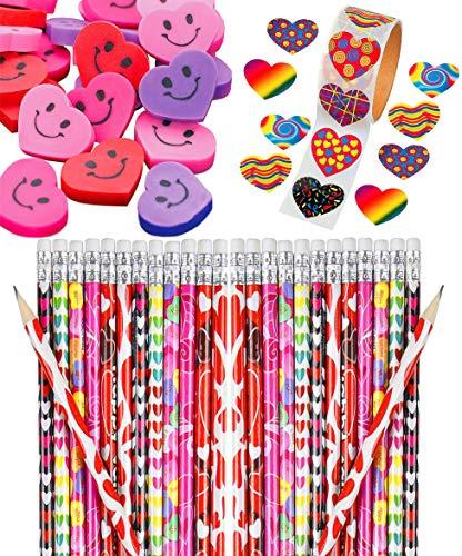 Valentines Day Heart Party Favors Set Bulk, 36 Assorted Pencils, 36 Colorful Smiley Erasers, Valentine Funky Heart Roll of 100 Stickers, Fun Supplies and Prizes for Kids, By 4Es Novelty