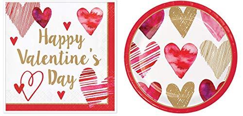 Watercolor Heart Happy Valentines Day Party Supplies: 16 Lunch Napkins + 16 Cake Plates
